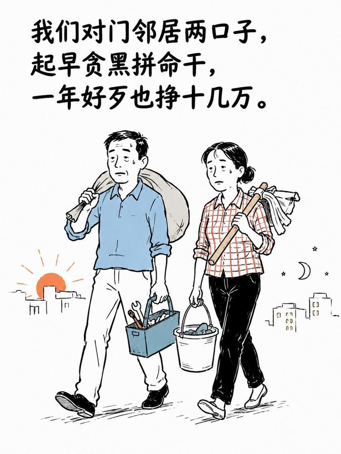 Cover of the original post: 我们对门邻居两口子，起早贪黑拼命干，一年好歹也挣十几万。